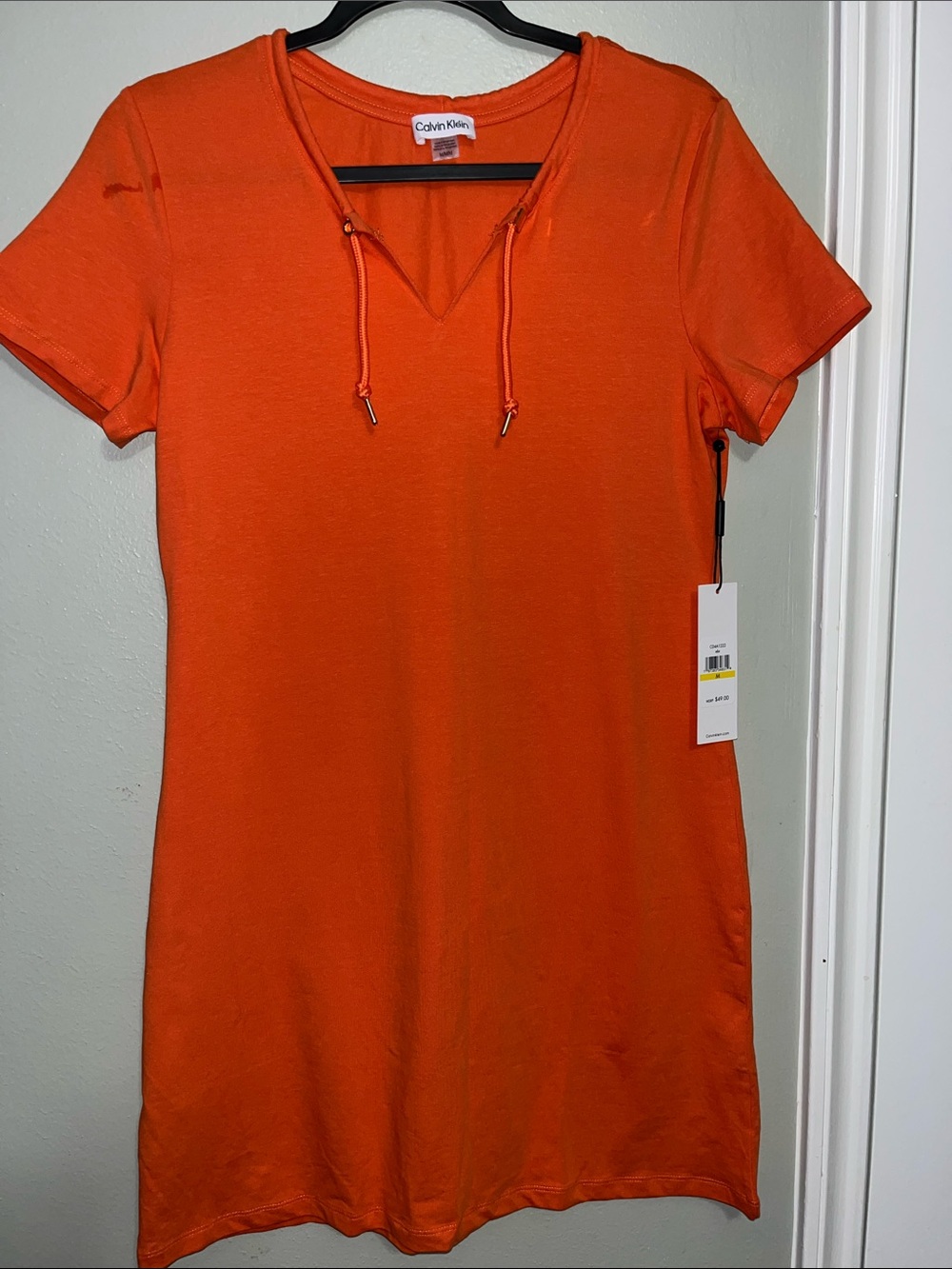 Calvin Klein Bright Orange Drawstring V-Neck Tee Dress
